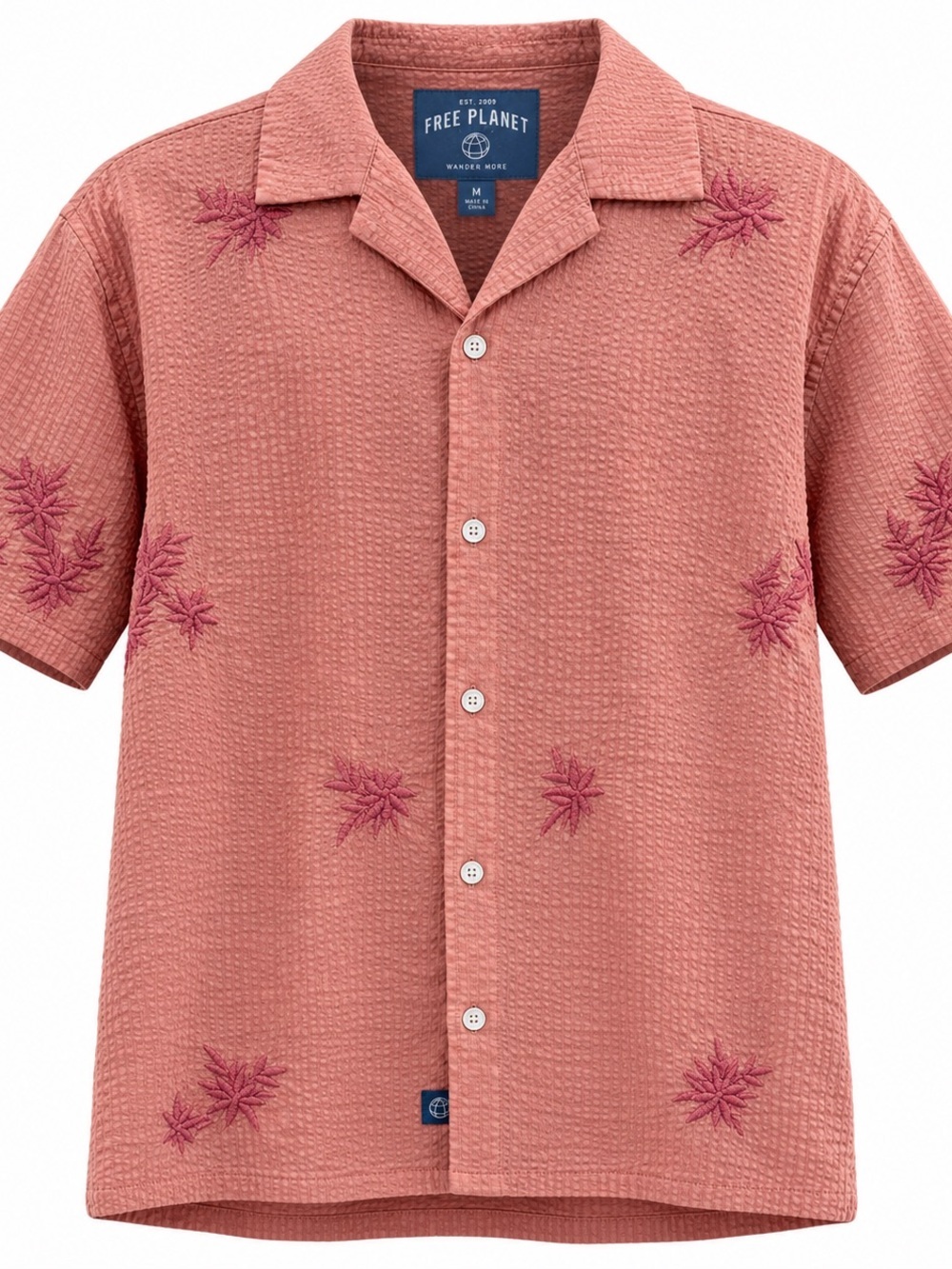 NWT Free Planet Seersucker Embroidered Camp Shirt Misty Rose Men’s Large